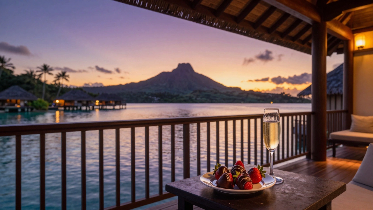 Champagne and strawberries on a Polynesian Resort balcony overlooking the lagoon at sunset
