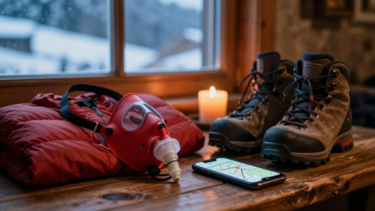 Climbing gear like oxygen mask and boots on a table near window
