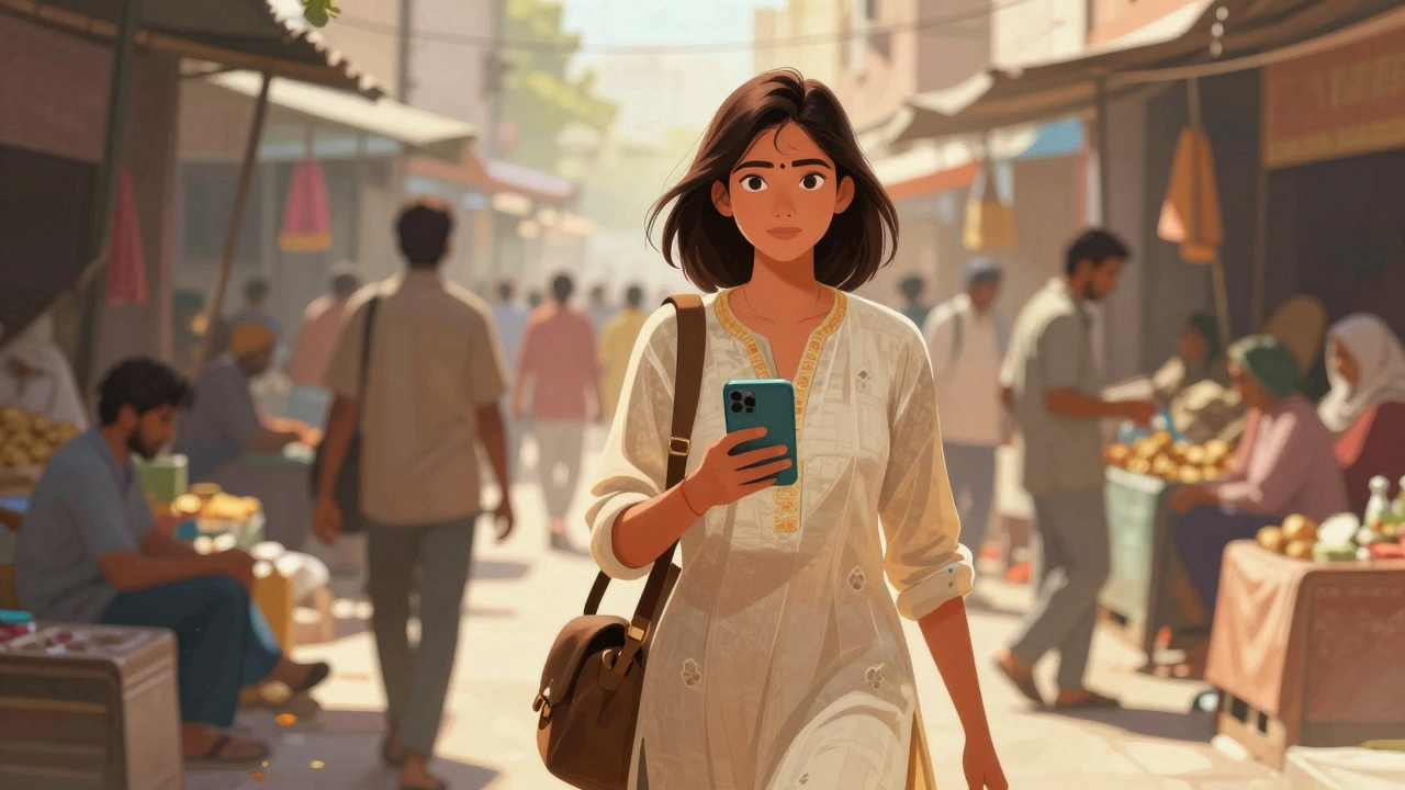 Confident female traveler navigating a busy market with a smartphone map.