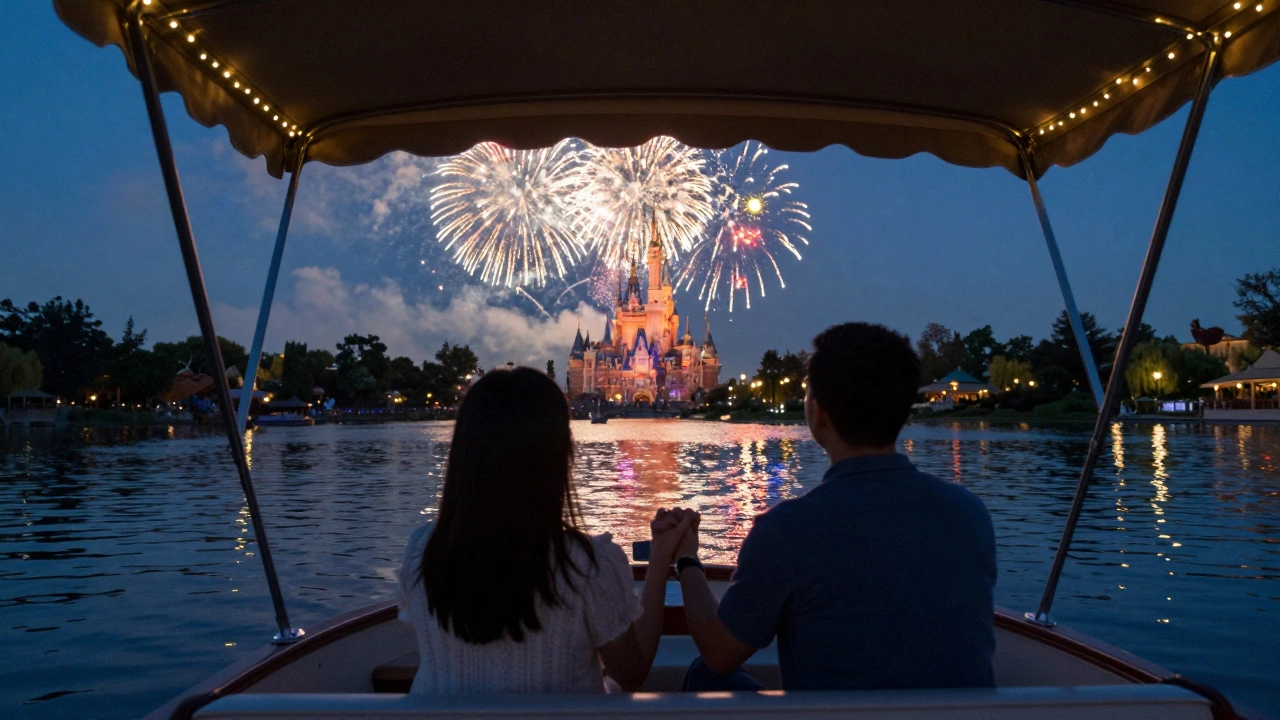 Couple enjoying fireworks from a private boat cruise on Bay Lake at night