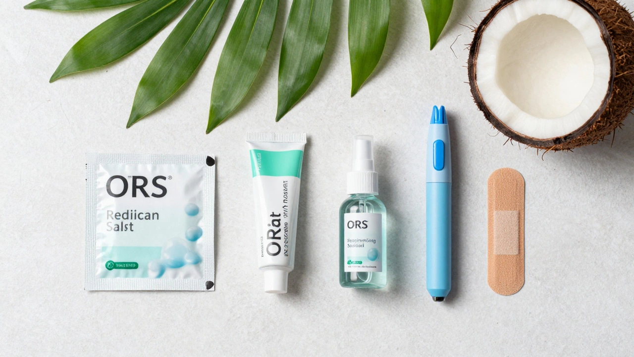 Flat lay of travel health essentials including ORS and sanitizer