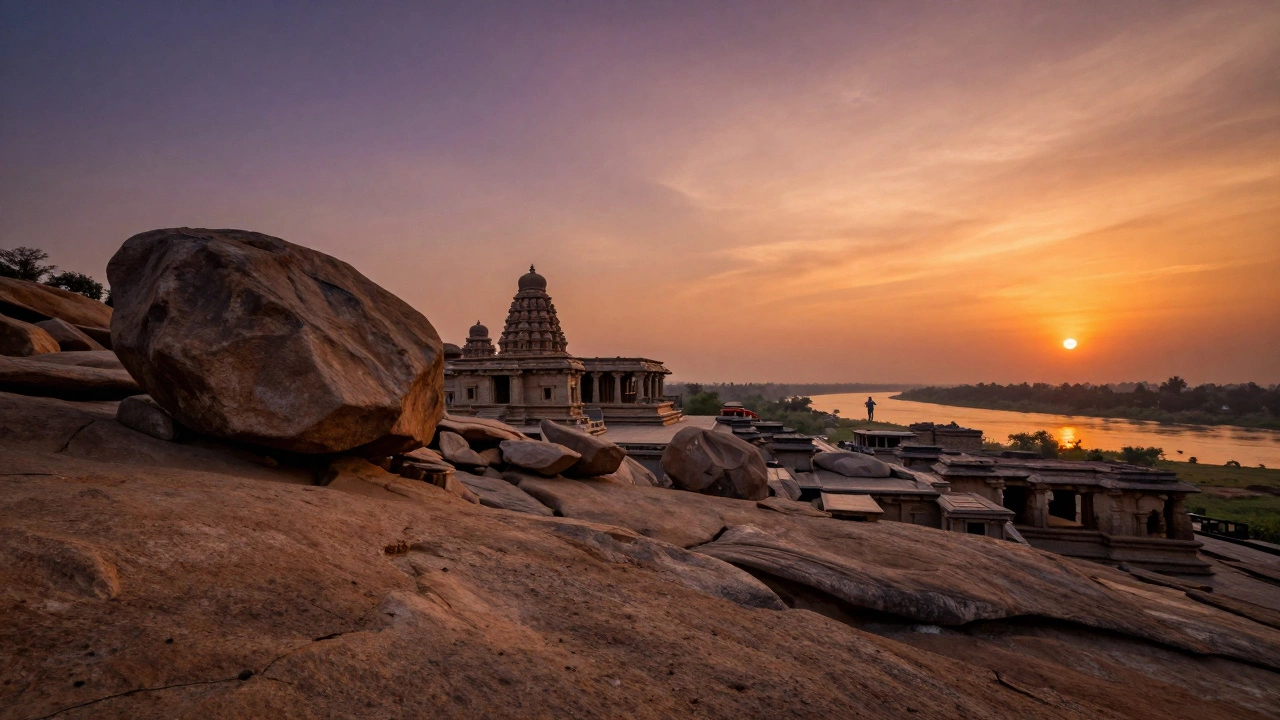Hampi ruins with boulders and river at sunset