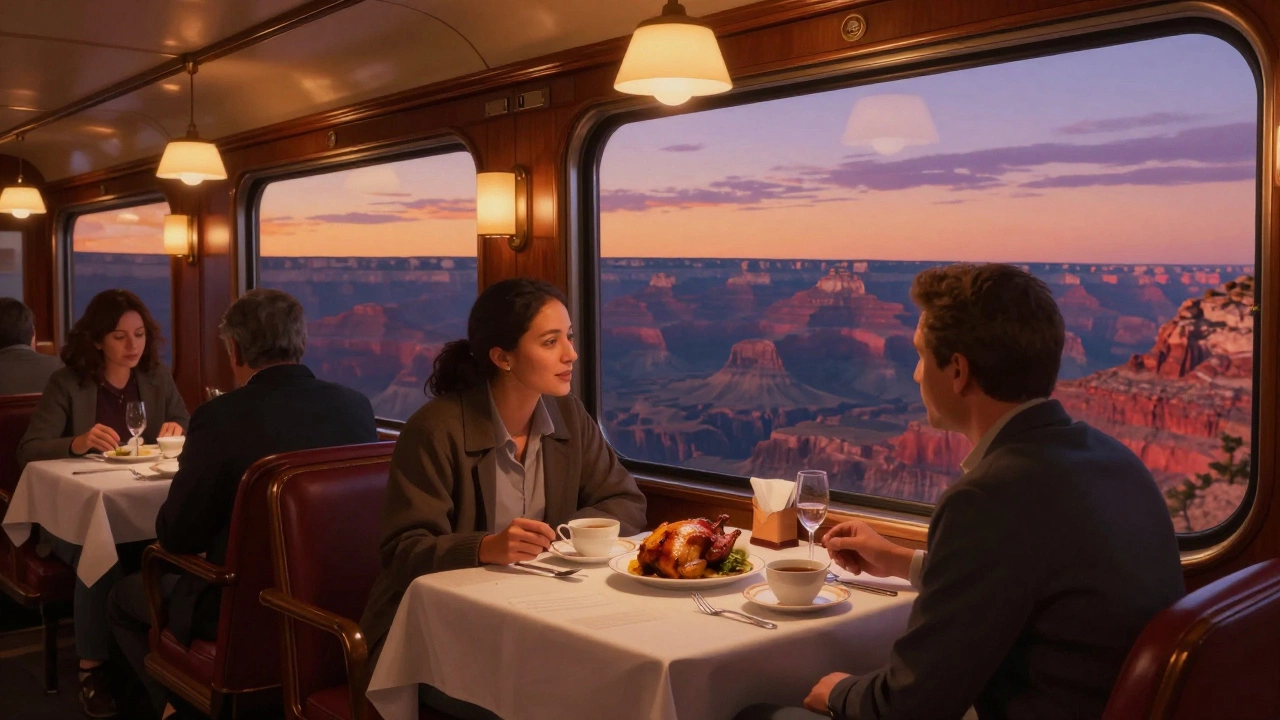 Passengers dining in a luxury sleeper car with desert views outside