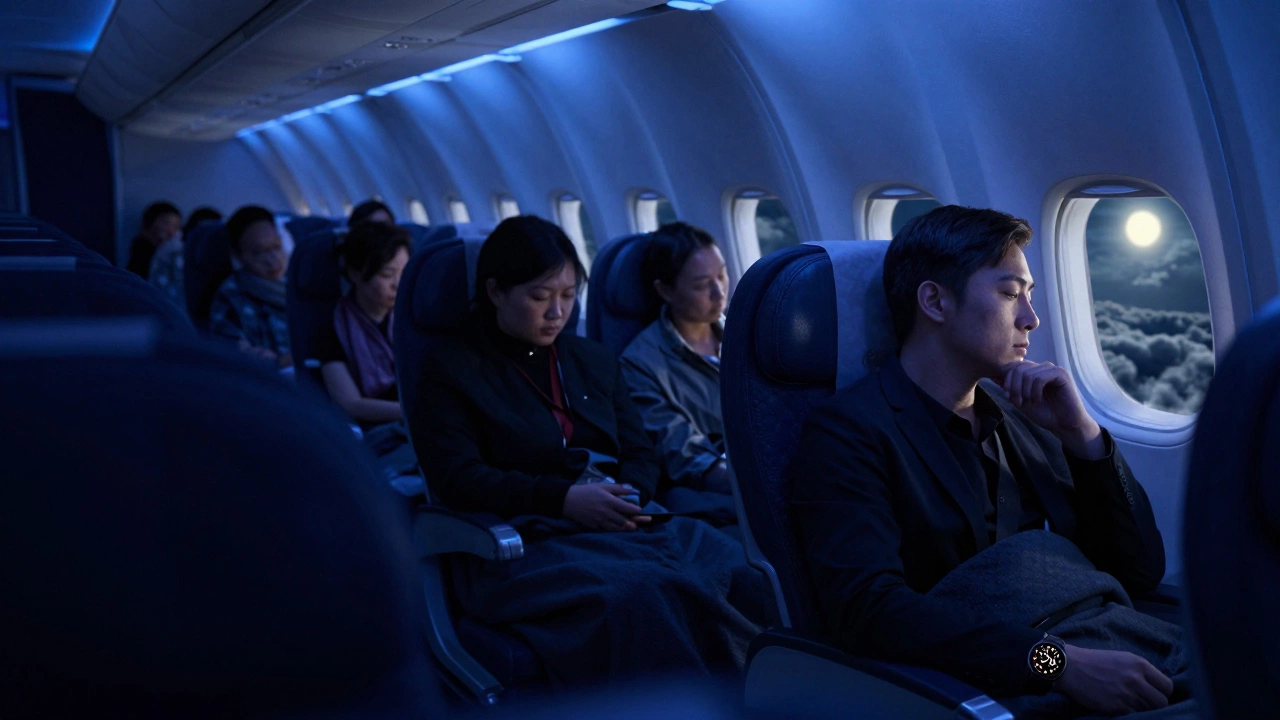 Sleepy passenger on a night flight looking at a watch showing advanced time, symbolizing jet lag.