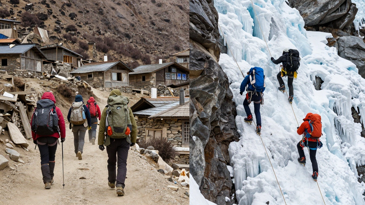 Split view of trekkers on a trail and climbers on icy slopes