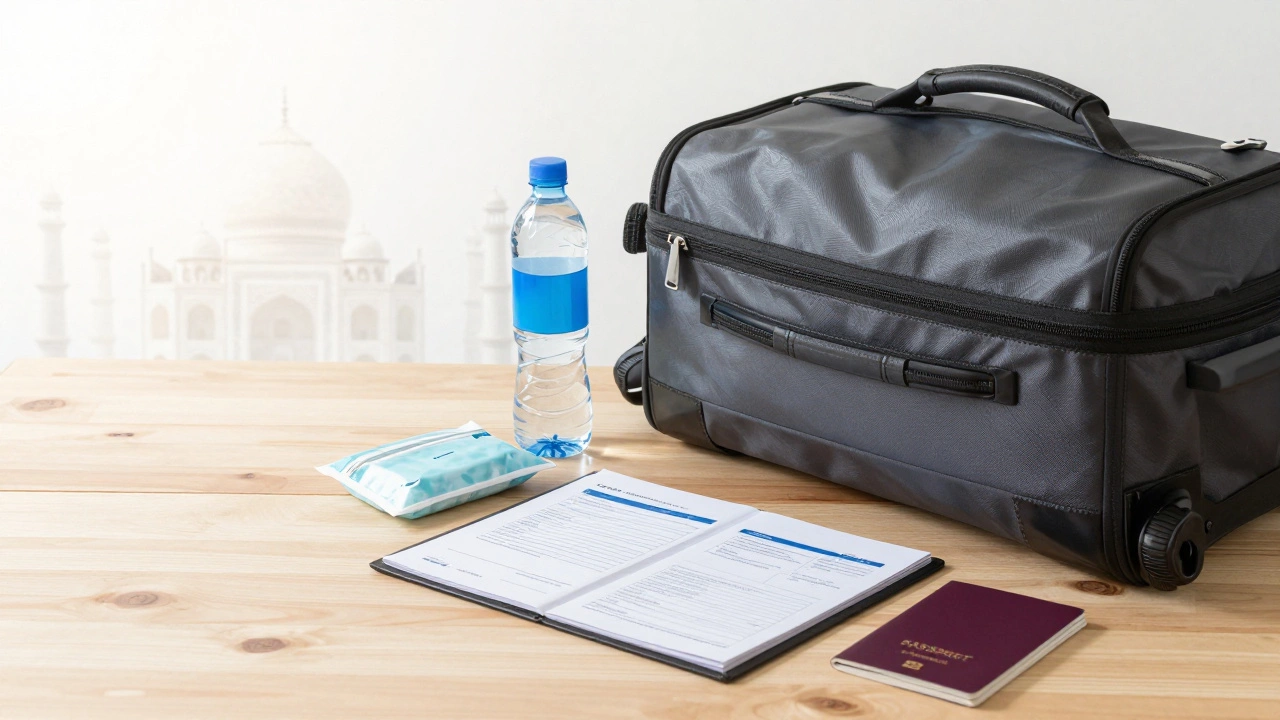Travel essentials including water, meds, and docs for safe trip preparation.