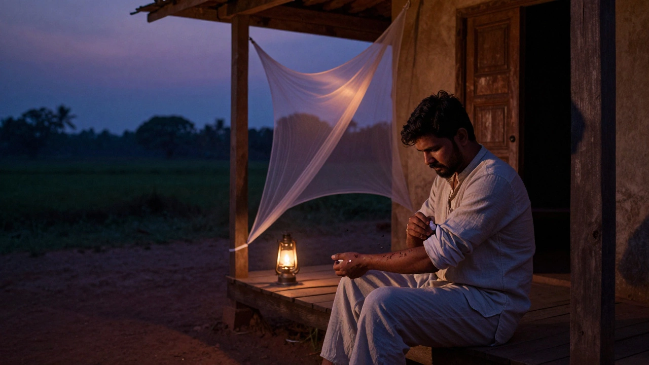 Traveler applying repellent at dusk with mosquito net nearby