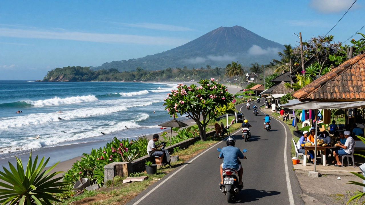 Traveler on scooter near Bali beach with surfers and mountains in background