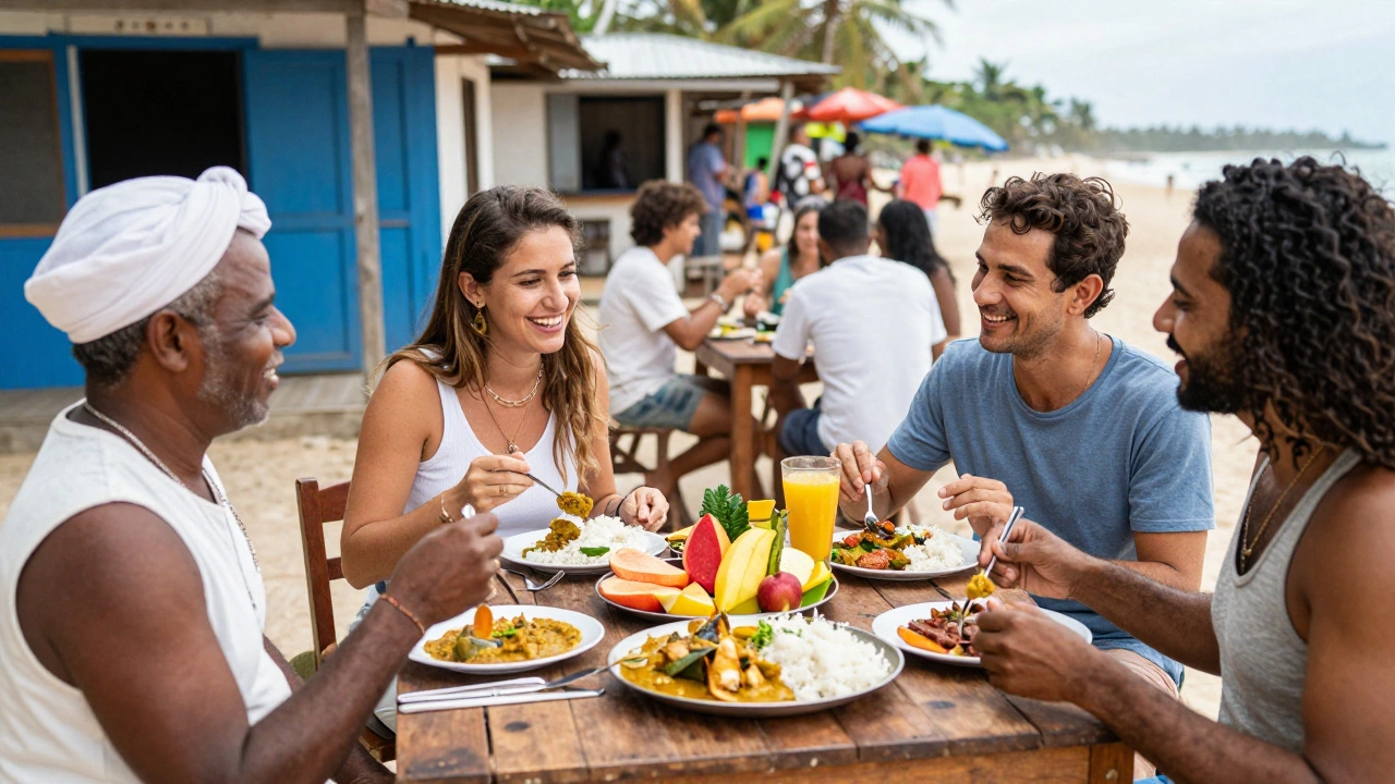 Travelers from different countries sharing a meal of local and international food at a beachside shack in Palolem.