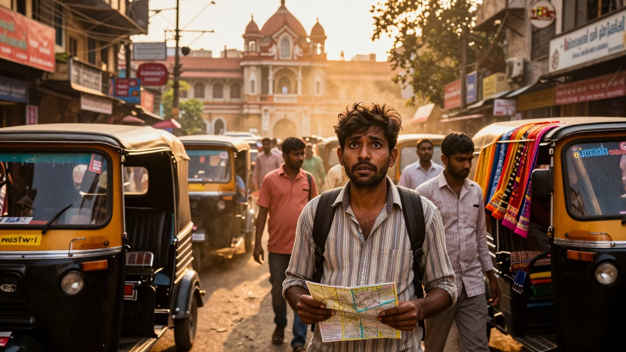 Weary traveler standing in a vibrant, crowded street in Mumbai during golden hour.