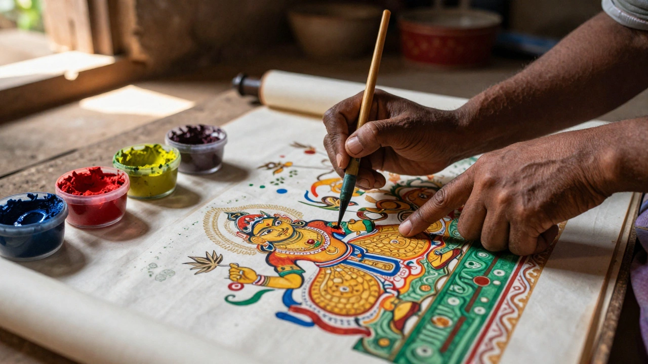 Artist teaching Pattachitra painting techniques in Odisha