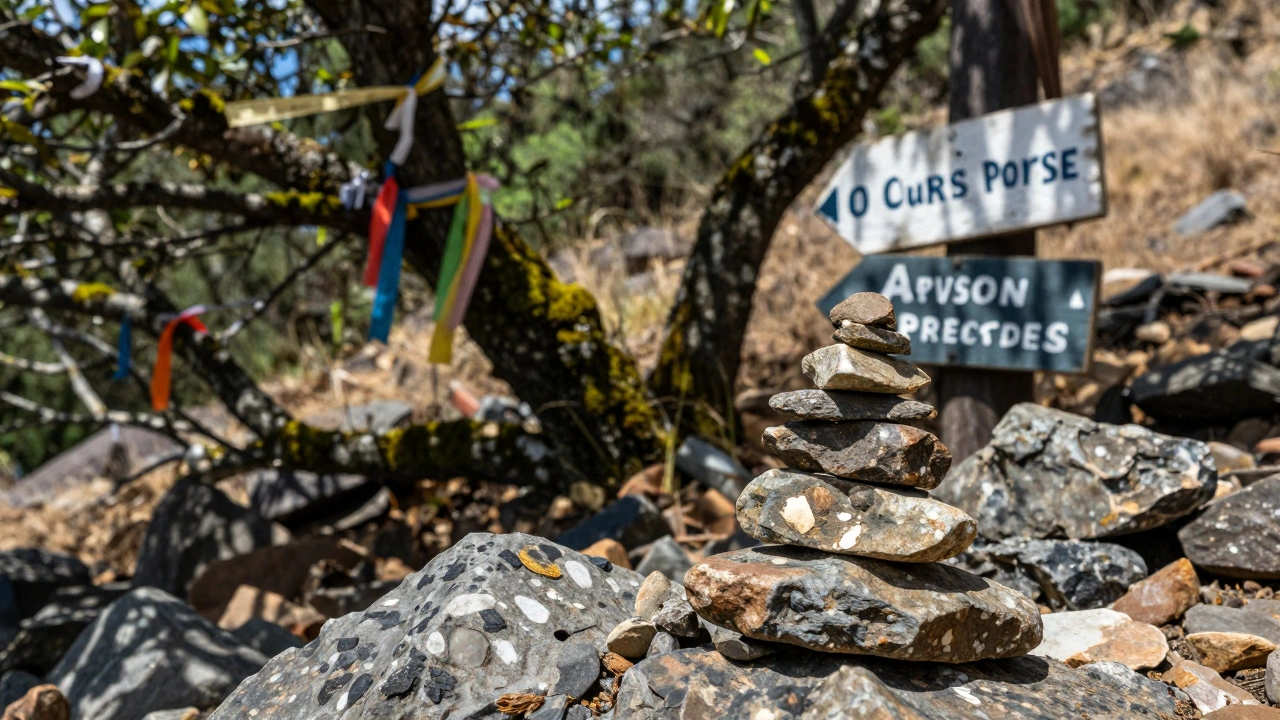 Close-up of stone cairns and ribbon trail markers in diverse Indian terrains
