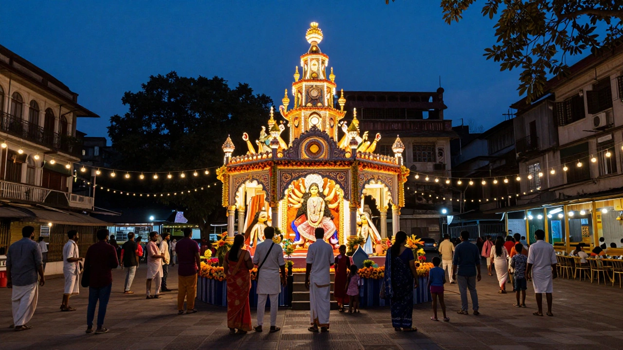 Festive Kolkata night scene with illuminated Durga Puja pandal and crowds