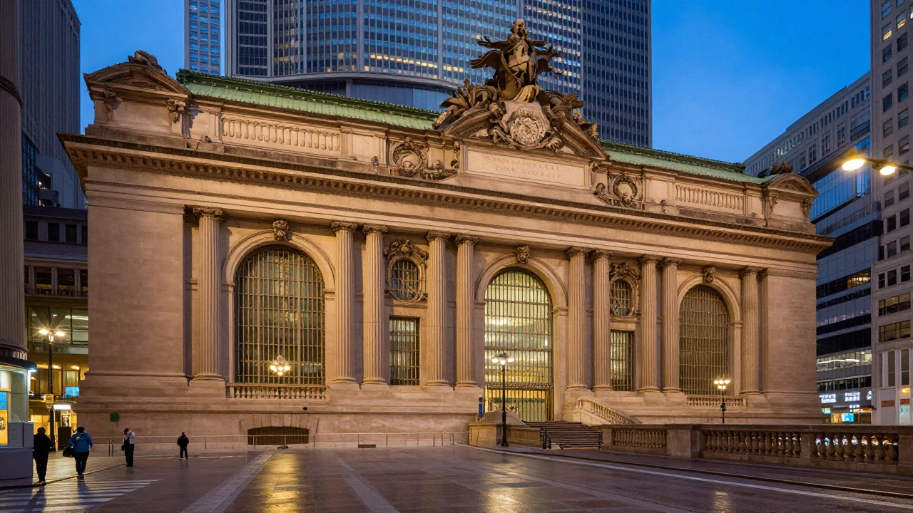 Illuminated facade of Grand Central Terminal at night