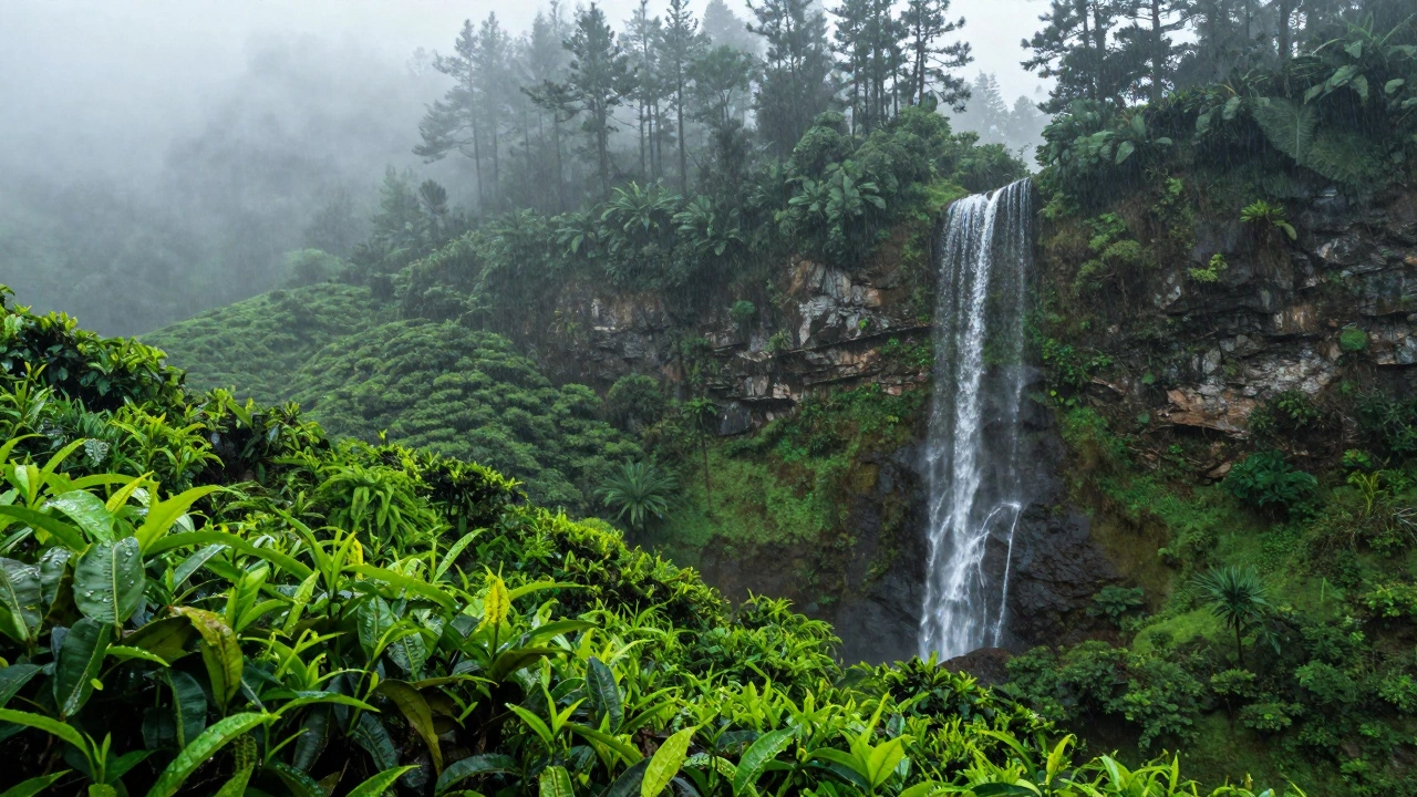 Lush green waterfall and misty forest during North India monsoon