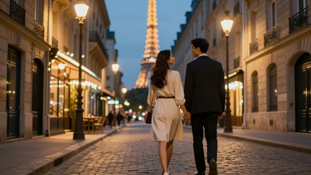 Romantic couple walking down a lit Parisian street with the Eiffel Tower in background