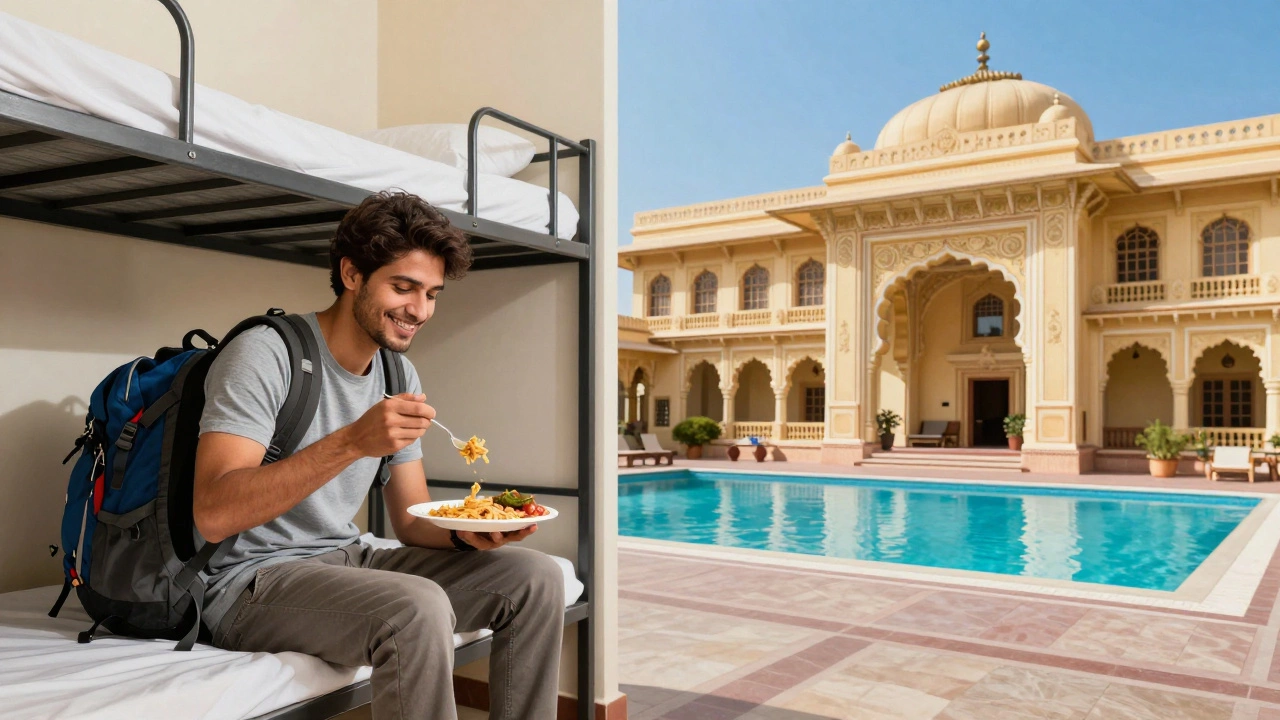 Split view contrasting a budget hostel traveler with a luxury heritage palace hotel in India.