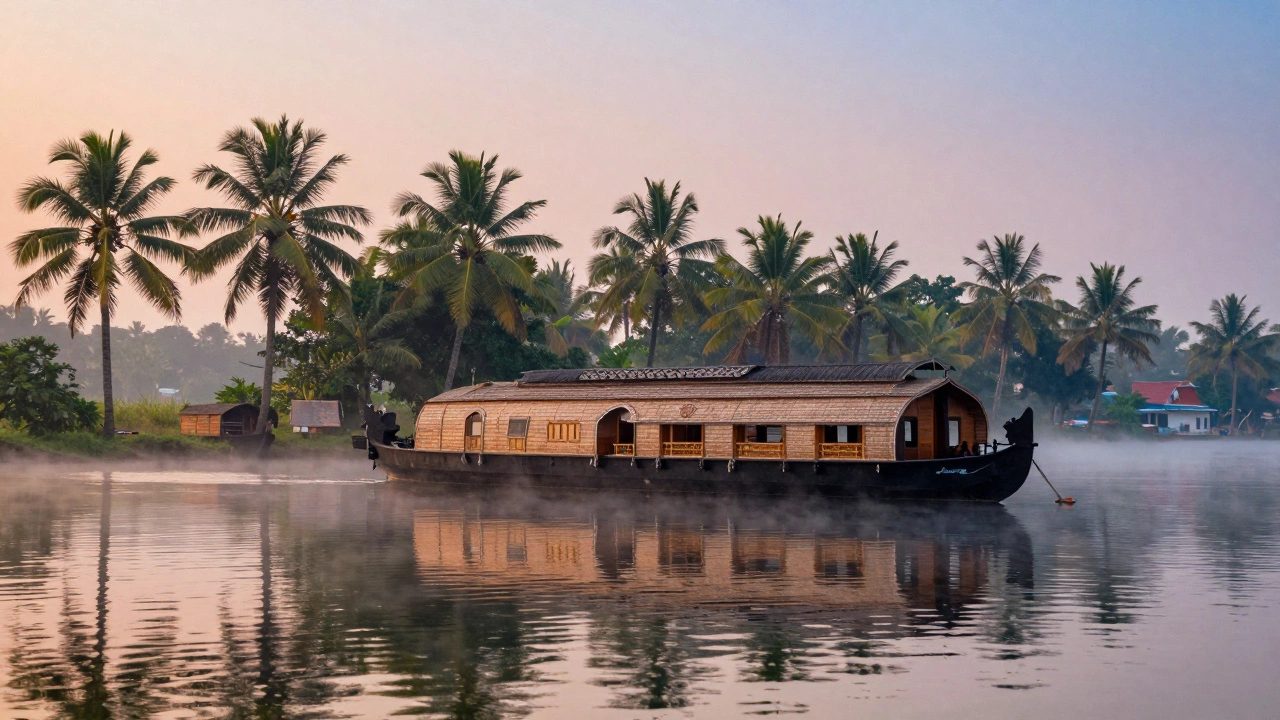 Traditional wooden houseboat gliding through misty Kerala backwaters surrounded by coconut palms.