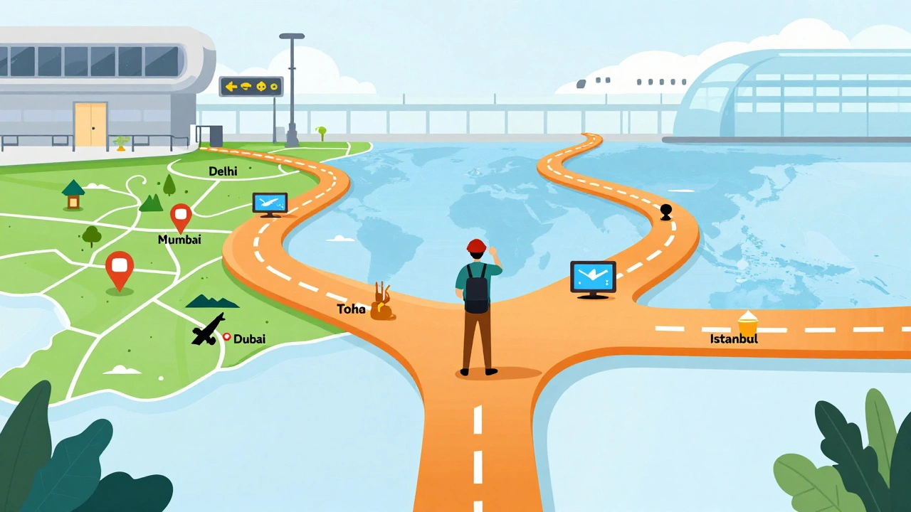 Traveler choosing between direct, luxury, and budget flight paths to India