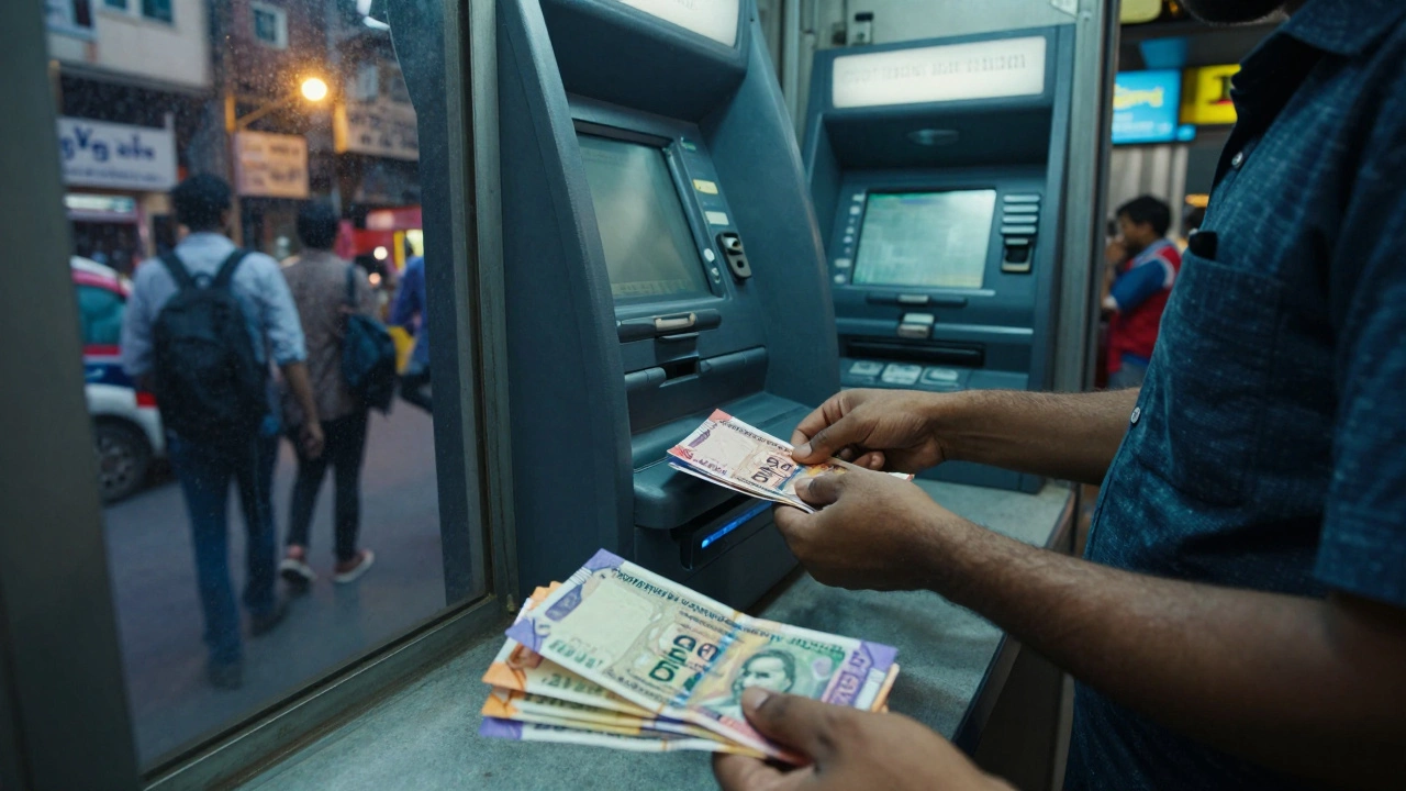 Traveler withdrawing Indian Rupees from an ATM in a city