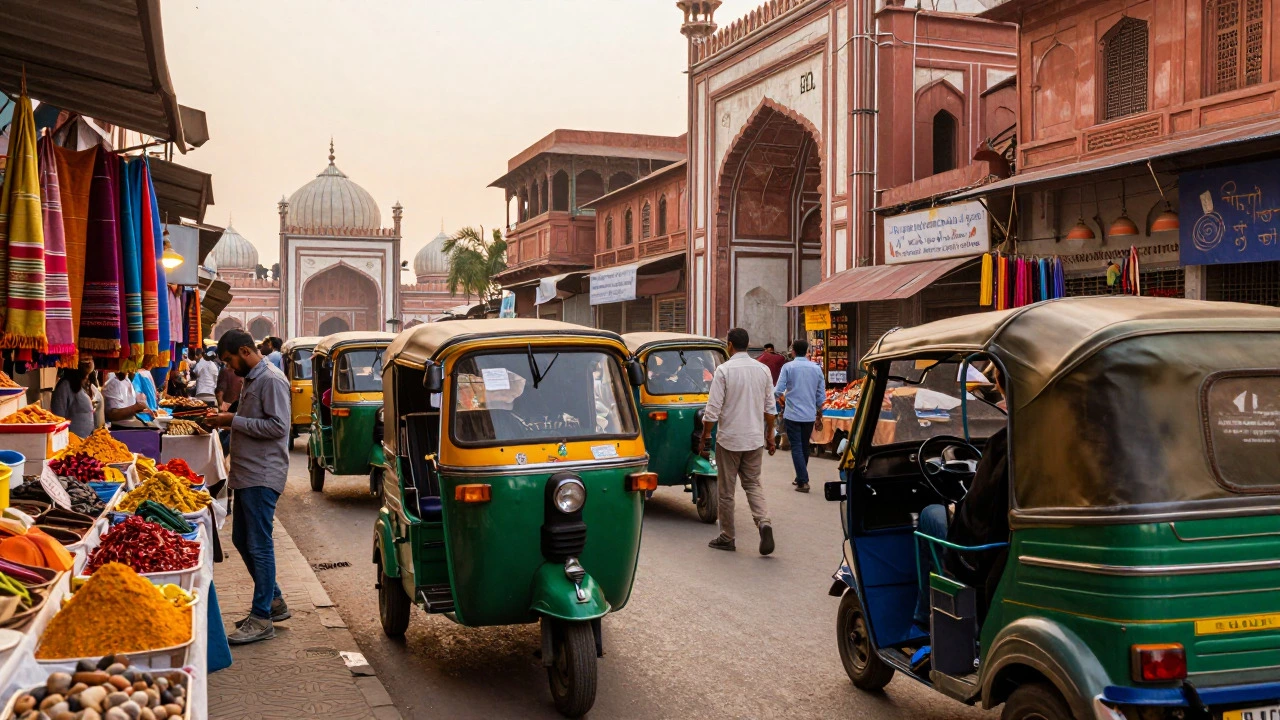 A lively market scene in Old Delhi, highlighting the cultural vibrancy and sensory experiences available during a brief but intense visit to India.