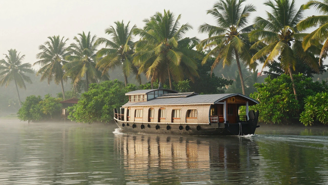 A peaceful houseboat journey through the scenic backwaters of Kerala, illustrating a relaxing 5-day itinerary option for travelers.