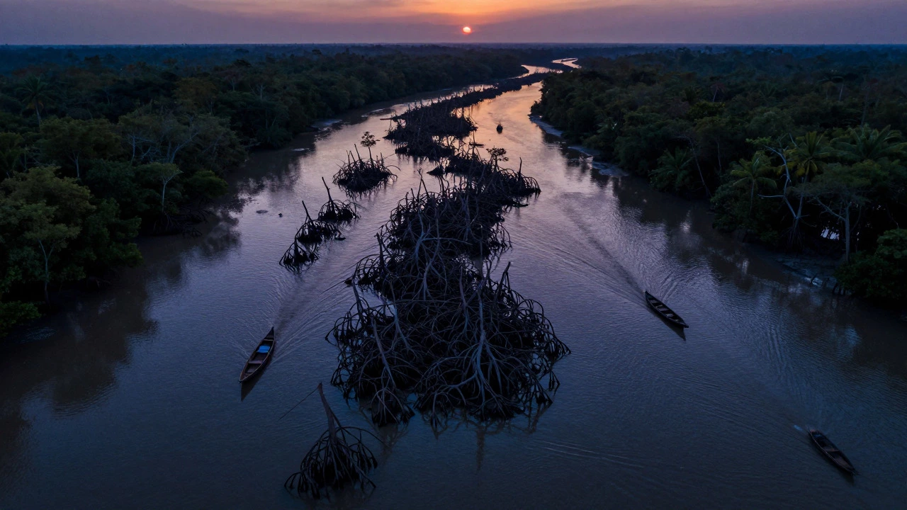 Aerial view of winding waterways and mangrove roots in Sundarbans