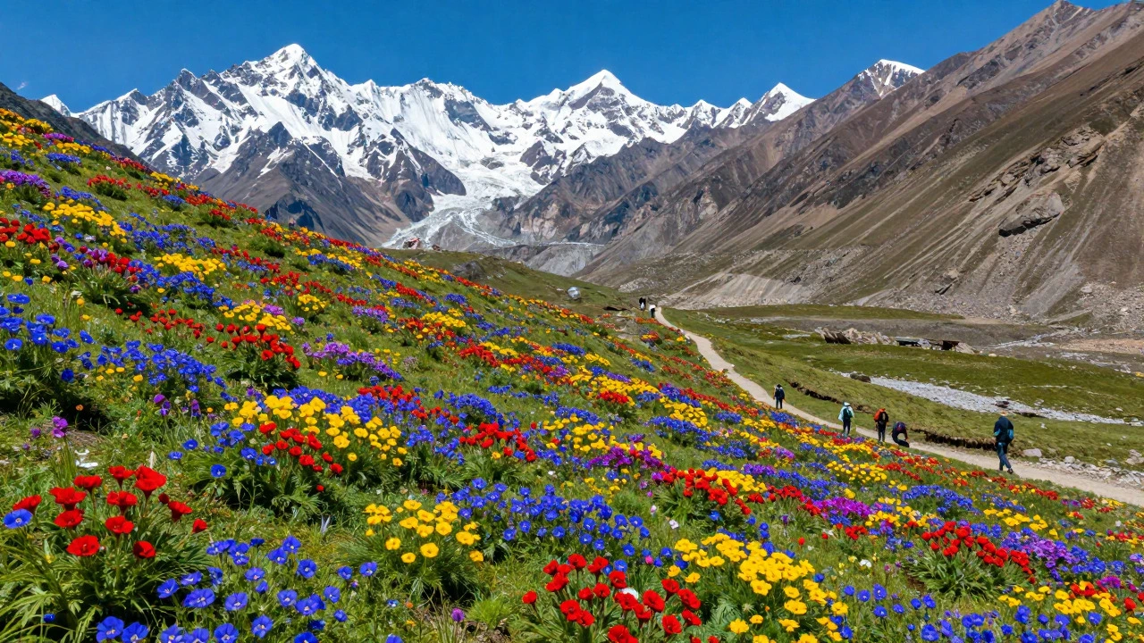 Colorful alpine flowers covering the Valley of Flowers in Himalayas