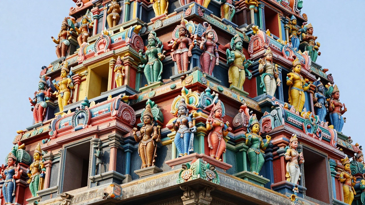 Colorful detailed sculptures on a towering South Indian temple gateway
