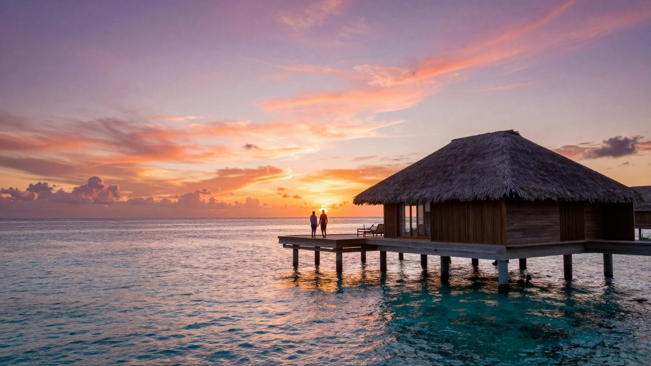Couple enjoying sunset view from a luxury overwater bungalow in Bora Bora