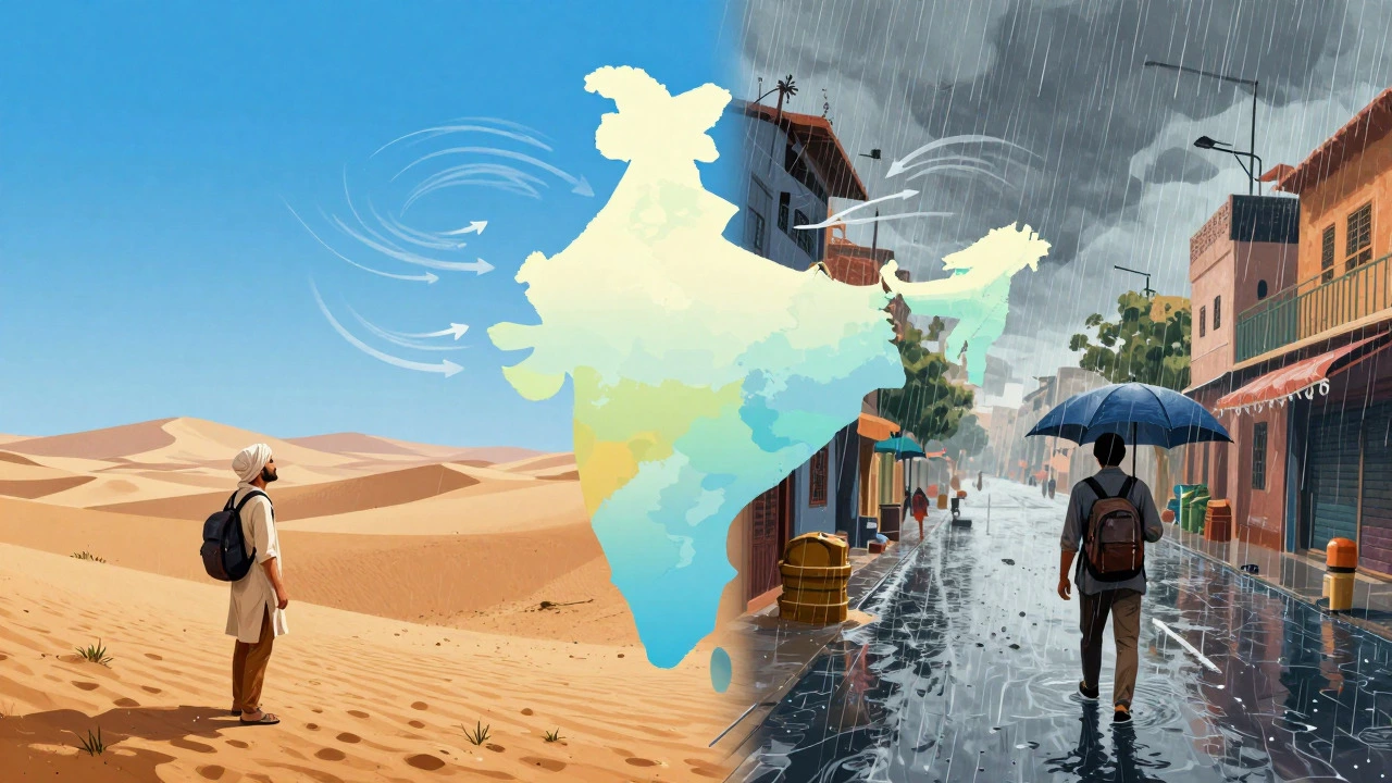 Split image showing dry desert landscape versus rainy coastal city in India.