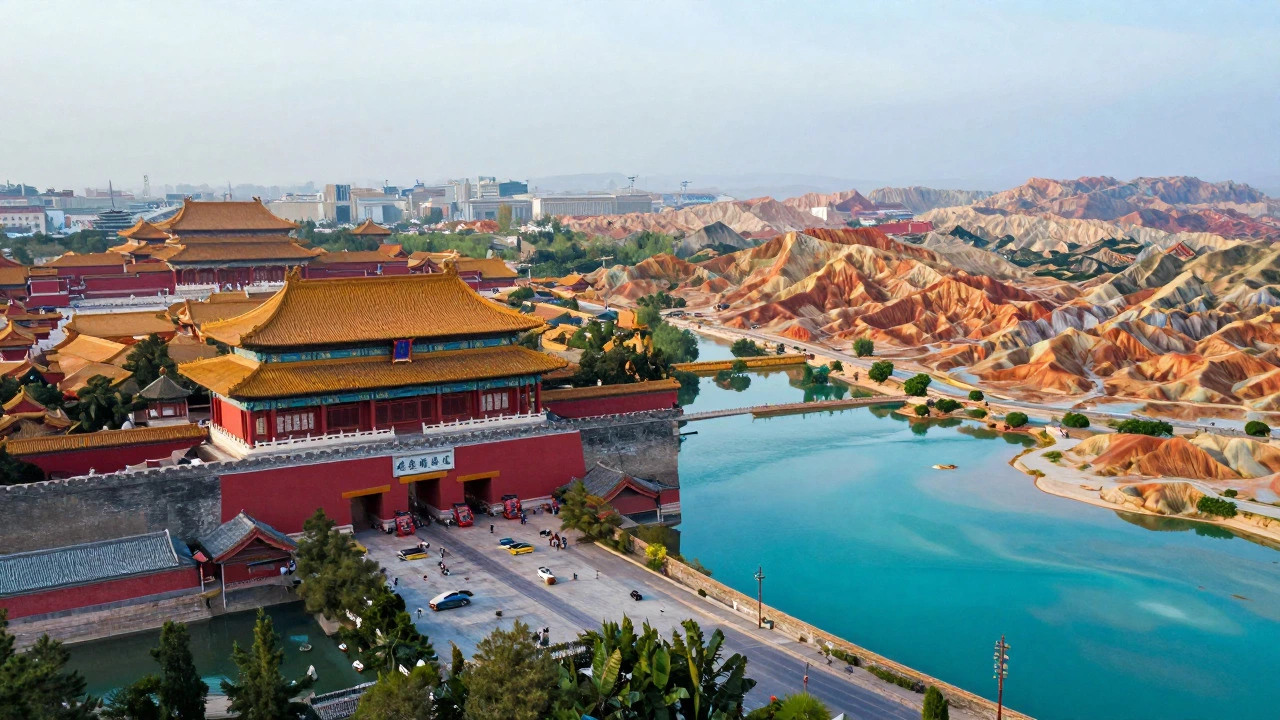 Split view of Forbidden City architecture and Jiuzhaigou Valley nature in China.
