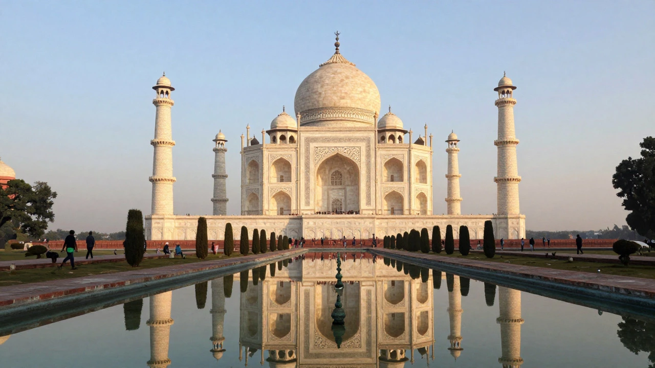 Taj Mahal reflecting in water at sunrise with visitors walking nearby.