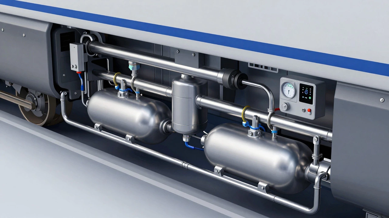Technical cutaway of a train's vacuum flush system and holding tanks