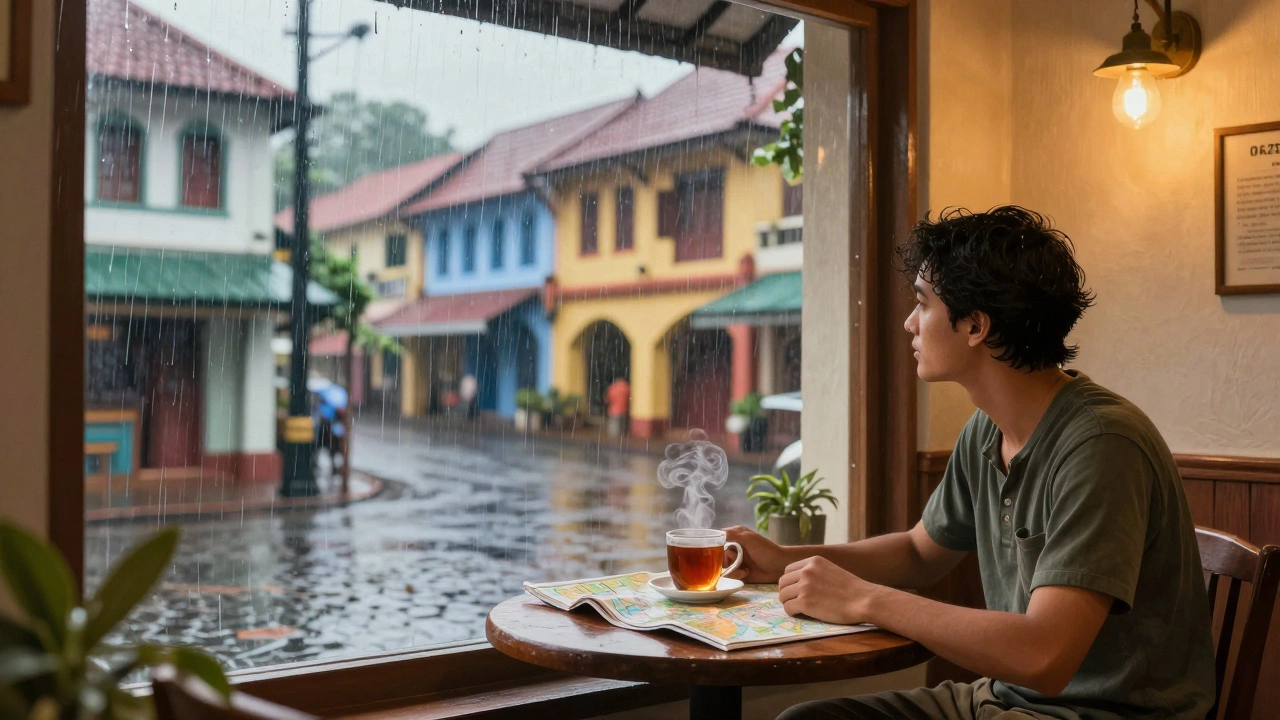 Traveler drinking tea indoors while rain falls in Kochi
