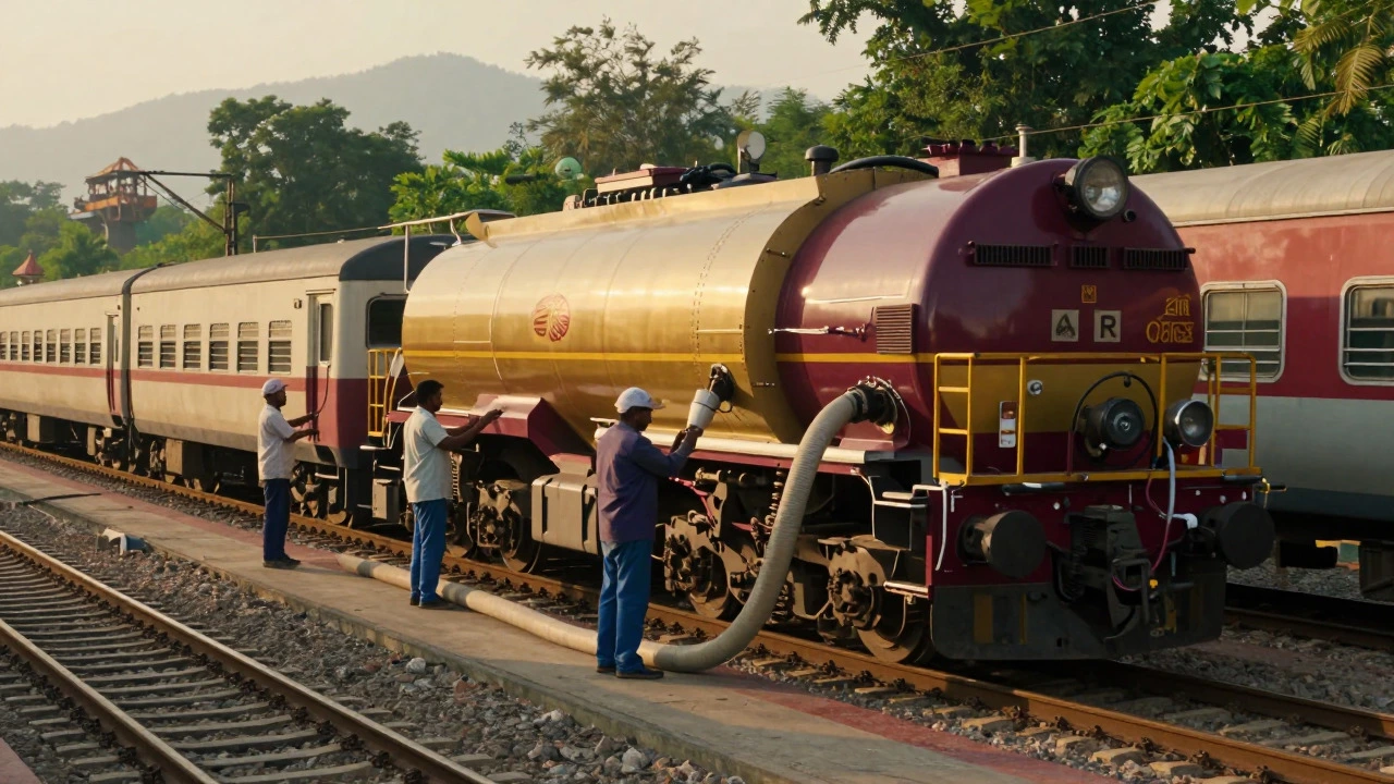 Vacuum truck emptying waste from a luxury train at a sunny depot