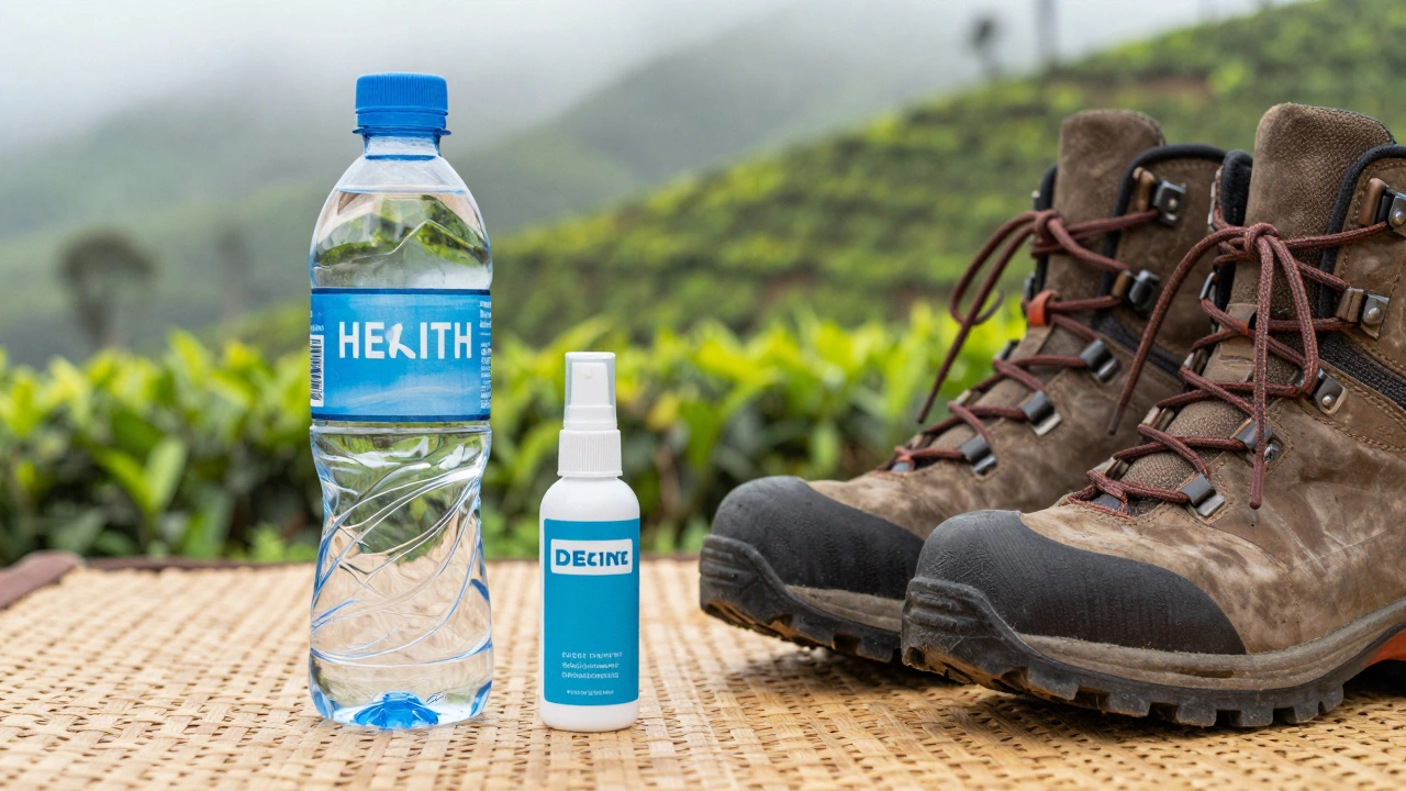 Water bottle, repellent, and boots near Munnar hills