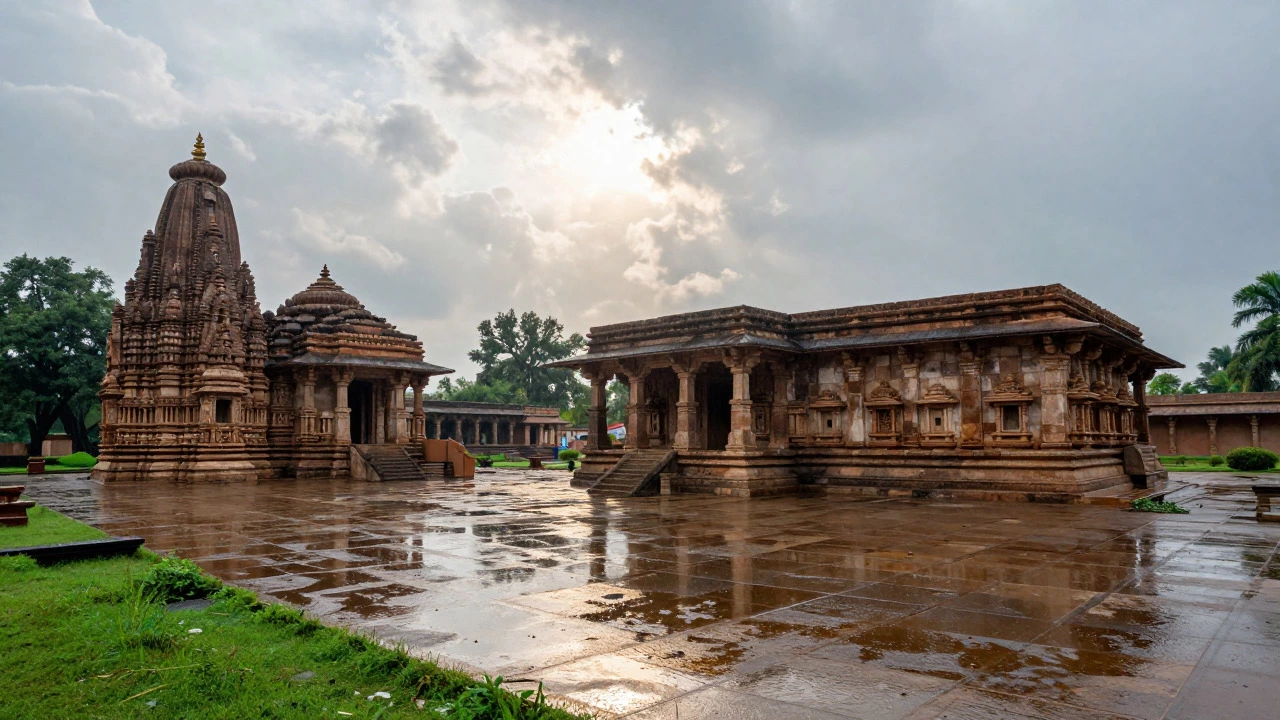 Wet ancient Indian temple ruins reflecting in puddles after a summer rain shower.