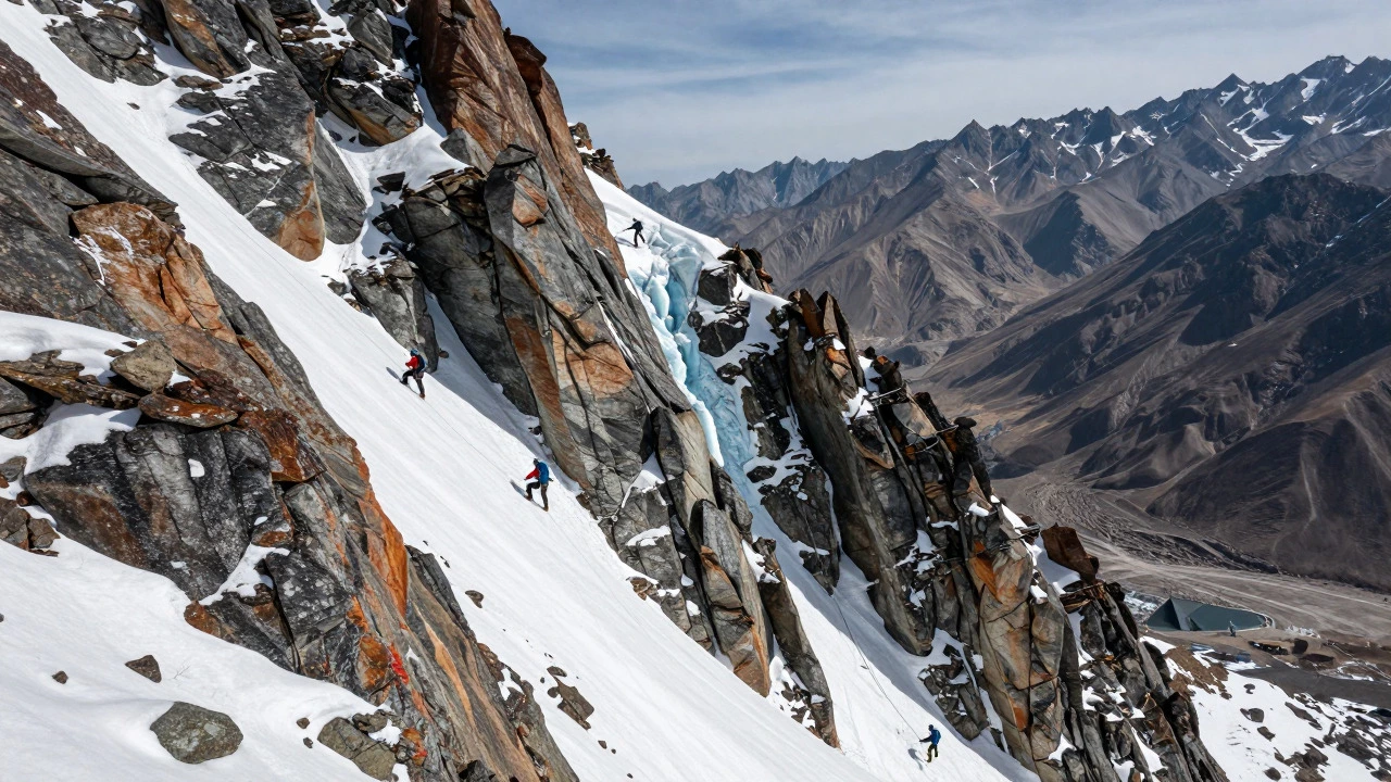 Alpinists navigating technical rock and ice faces on Kamet peak