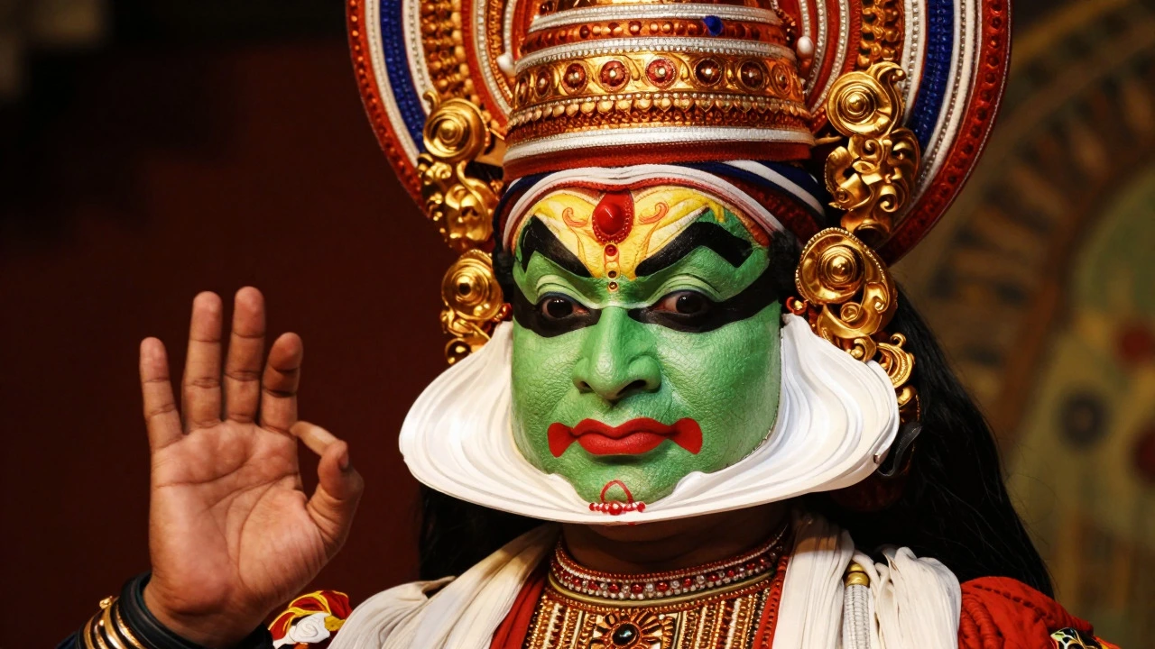 Close-up of Kathakali dancer with vibrant makeup and hand gestures.