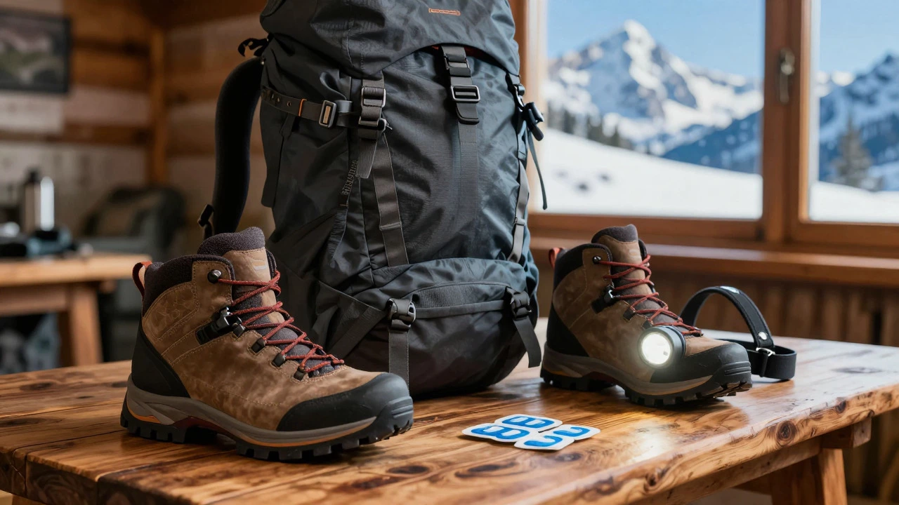 Essential trekking gear including boots, backpack, and headlamp on a wooden table