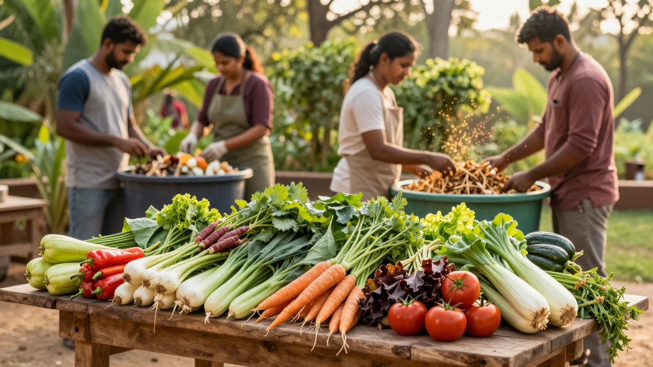 Fresh local produce and composting bins at an eco-friendly resort