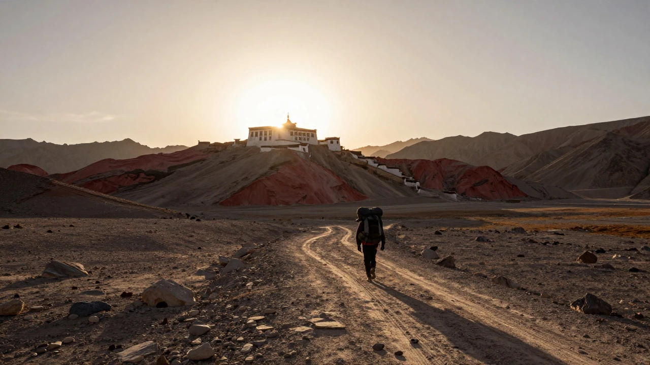 Lone trekker walking near an ancient monastery in the arid landscapes of Ladakh