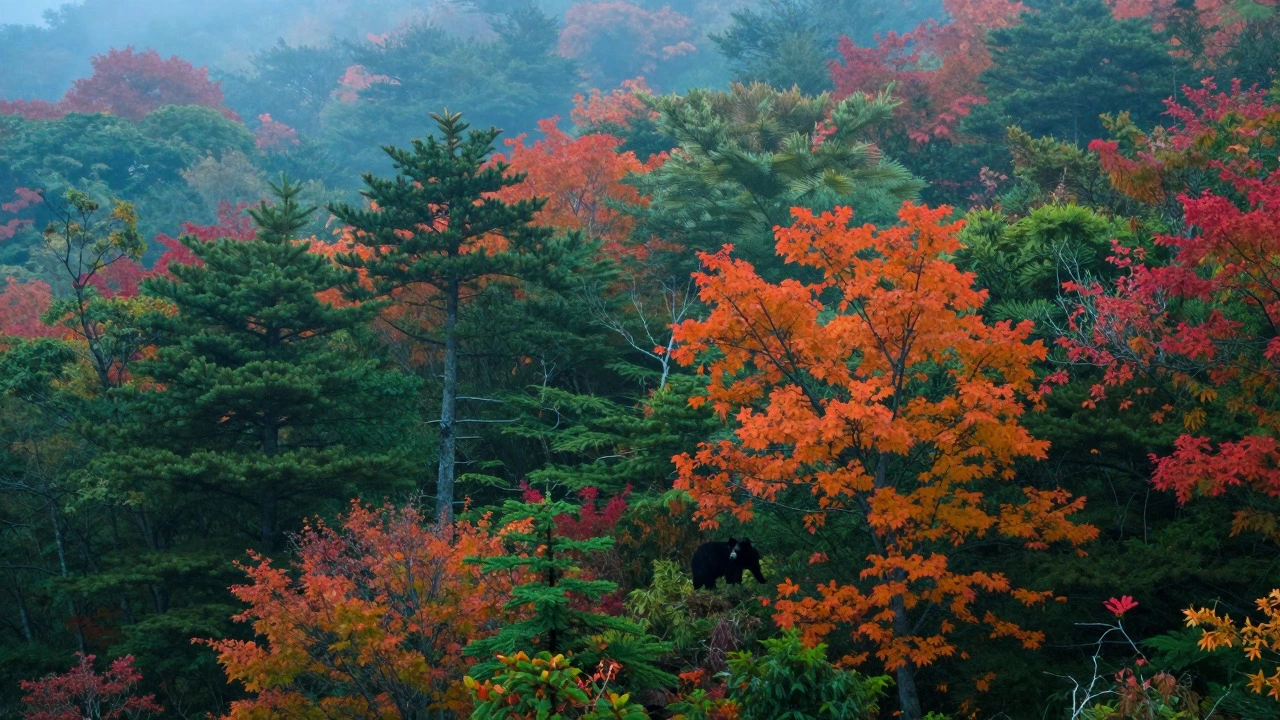 Misty autumn forest in Great Smoky Mountains with a bear