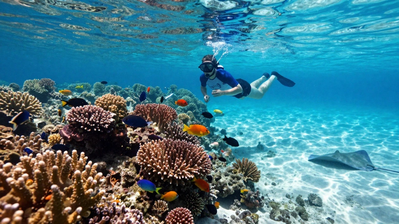 Snorkeler swimming over a vibrant coral reef in the clear waters of the Andaman Islands