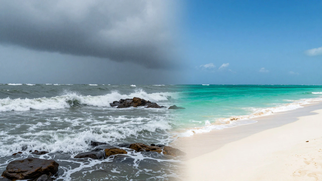 Split view showing stormy monsoon seas versus calm winter waters on Indian coasts