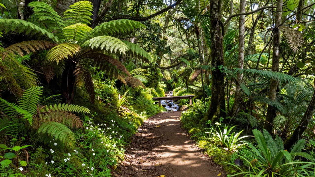 Sunlit forest trail winding through dense greenery in the Western Ghats
