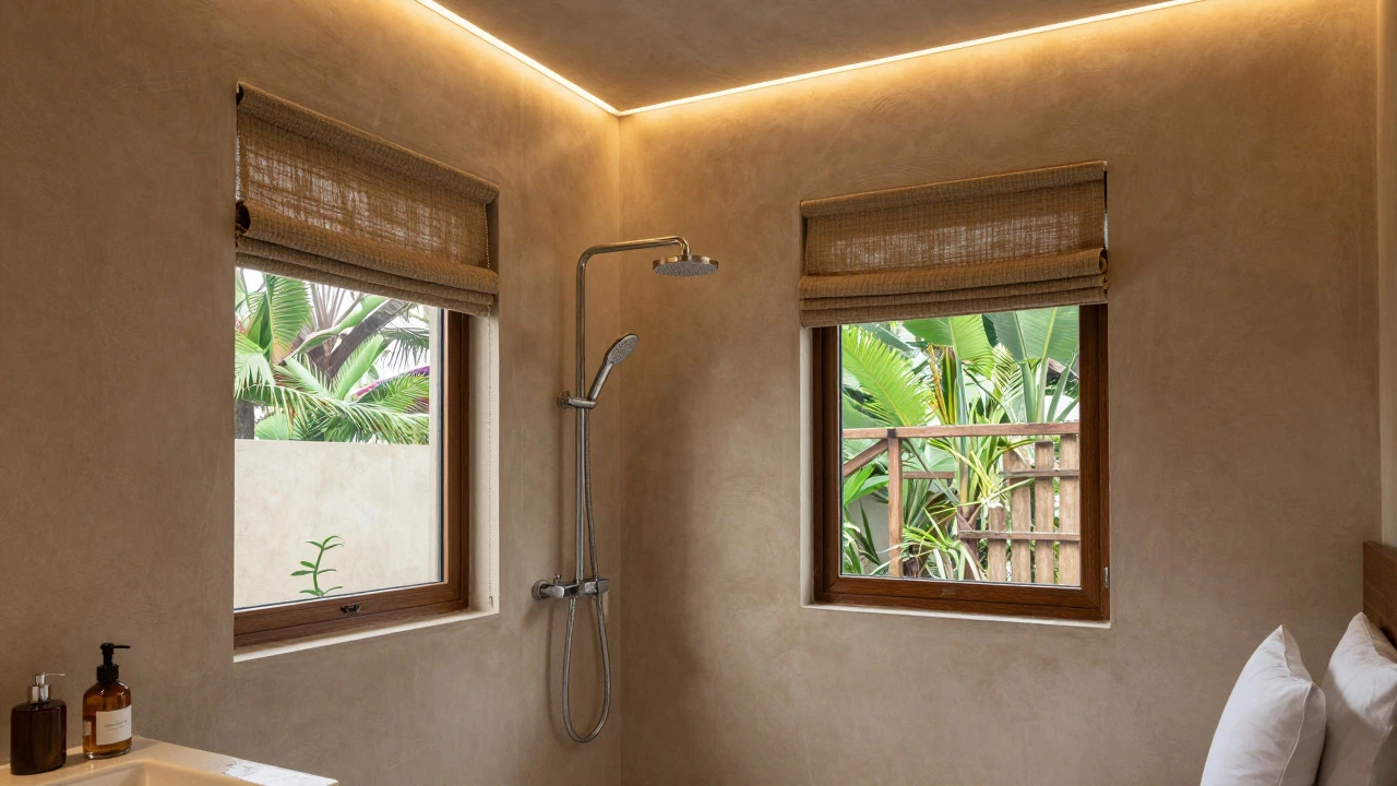 Sustainable hotel bathroom with low-flow shower and LED lighting
