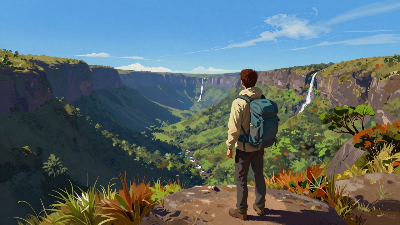 Trekker overlooking a lush valley and waterfall in the Western Ghats during autumn