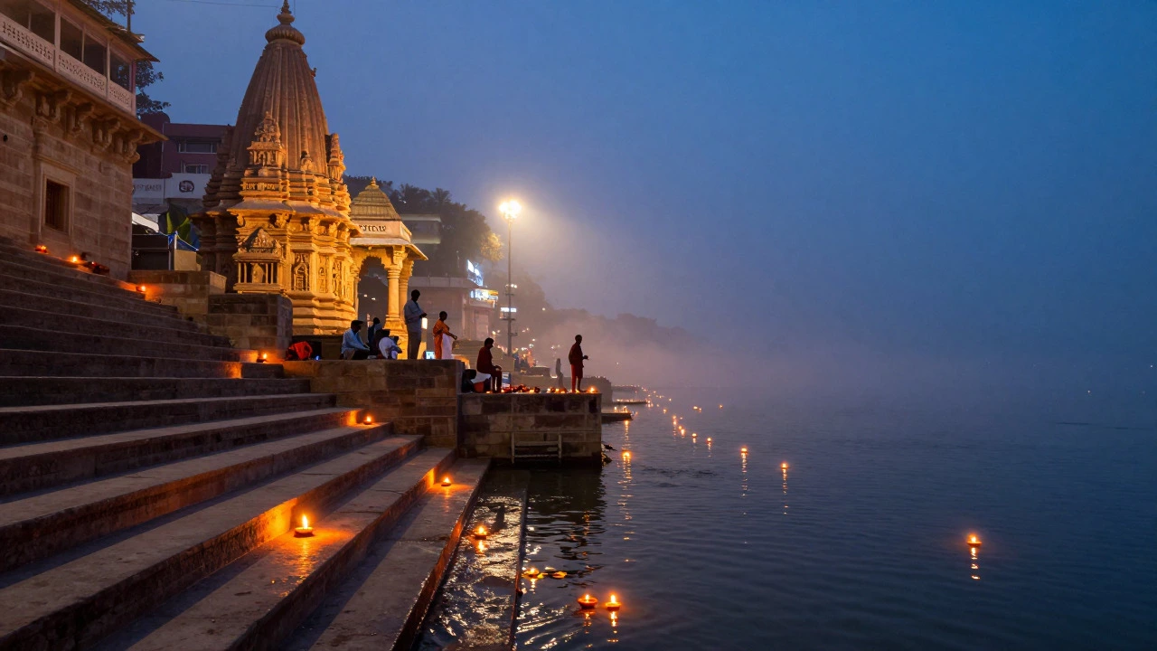 Twilight at Varanasi ghats with floating lamps and temple silhouettes.